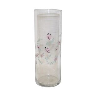 Libbey Glass Floral Cylinder Vase 9.5 Inch Tall Clear Pink Green Flower Design